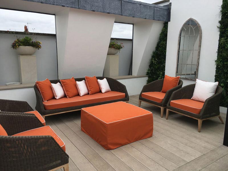 Bespoke Outdoor seat and scatter cushions for a roof terrace seating area